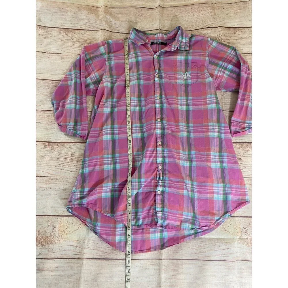 Lauren Ralph Lauren Women's Pink Plaid Roll Tab Sleeve Button Front Shirt - XL - Picture 3 of 10
